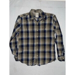 Fossil 54 Men’s Plaid Pearl Button Up Shirt Long Sleeve Size Large Blue‎ Brown